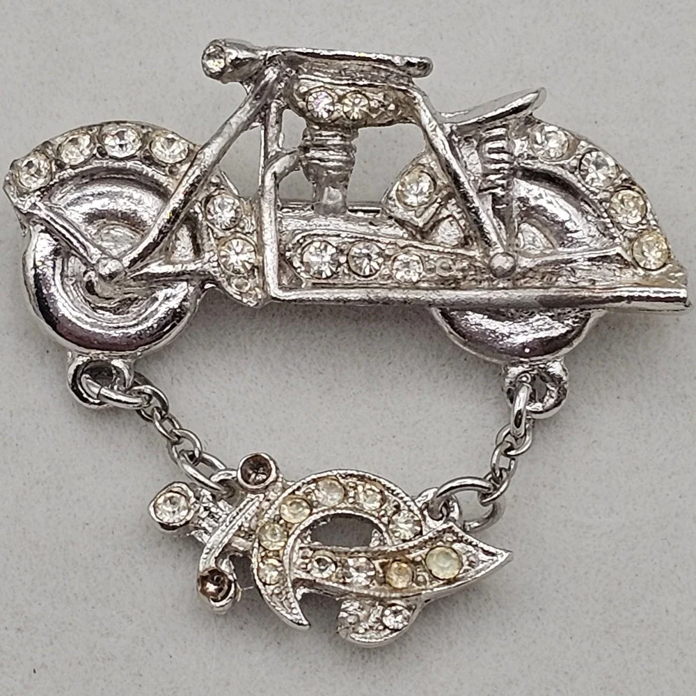ORA Motorcycle Brooch Pins 2pc Silver Tone Clear Rhinestone Biker Mason Sword